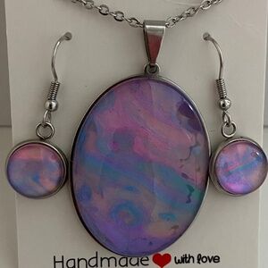 Pastel Colors Large Oval Art Necklace and Dangle Earrings Jewelry Set